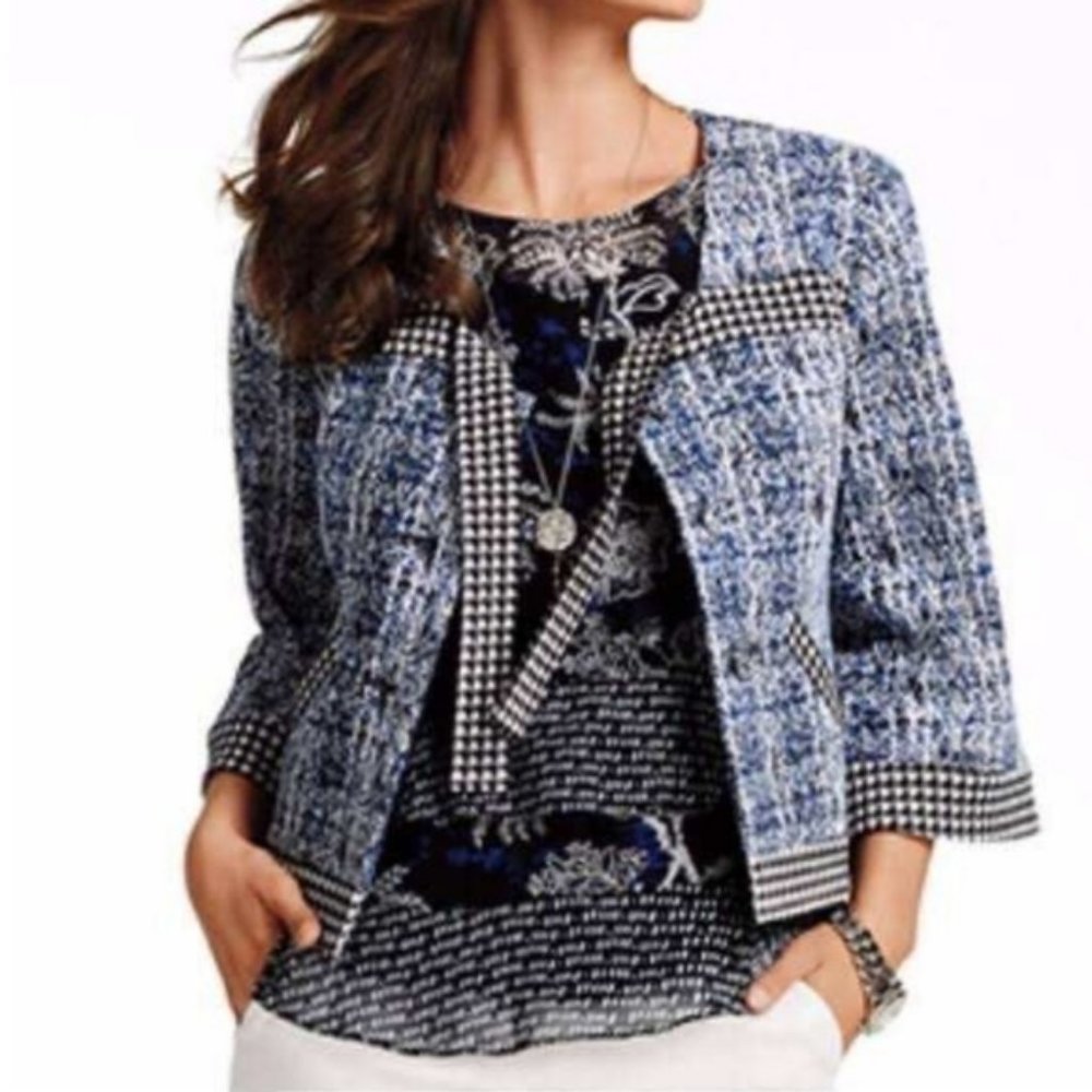 Cabi Reina 21 Club Jacket Cropped Blazer 3/4 Sleeve Black Blue XS